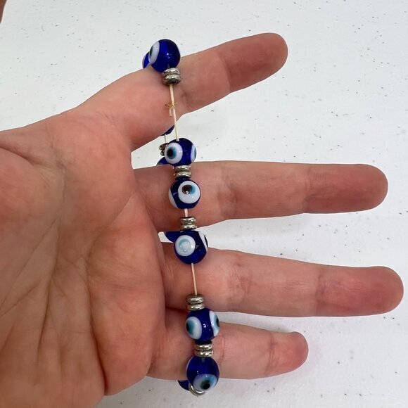 Blue Evil Eye Bead Bracelet For Protection Glass Beaded Stretch Silver Tone - Picture 4 of 6